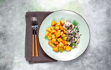 new potatoes, with pickled herring, and red onions, homemade, no people,
