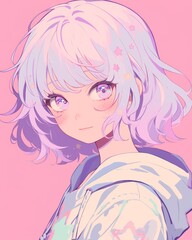 Pastel Purple Hair Anime Girl with Stars, Soft and Dreamy Illustration