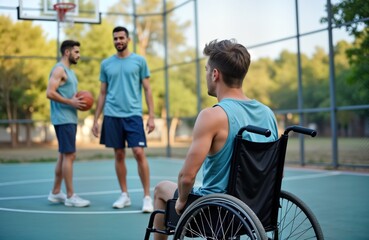 Young man in wheelchair watches friends play basketball outdoors. Longs to join. Exclusion, accessibility issues visible. Supportive community missing. Difficulties in sports participation due to