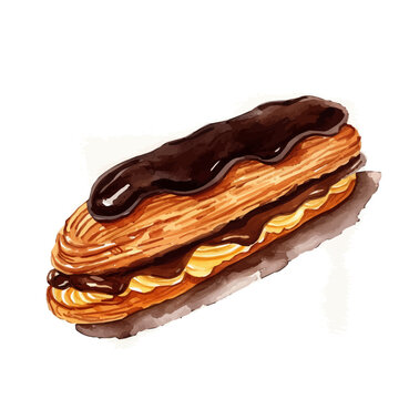 recommend clip art: A watercolor drawing of Chocolate Eclair, isolated on a white background. Chocolate Eclair vector.