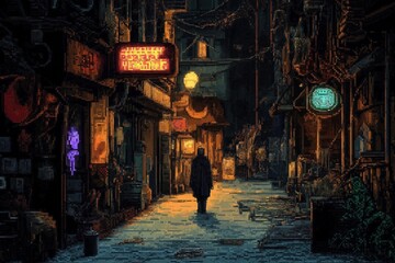 Obraz premium Pixel art alleyway scene cyberpunk tech style. Glowing signs on pixelated buildings and detailed graffiti. Character walking in dark alley. Nighttime atmosphere. Retro video game graphic style.
