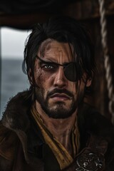 Obraz premium An Intense and Captivating Portrait of a Rugged Warrior with an Eye Patch Set Against a Stormy Background