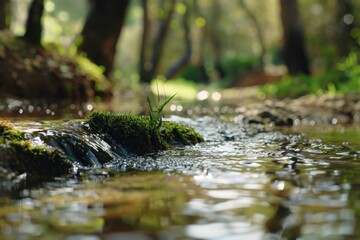 Fototapeta premium A serene forest stream surrounded by lush greenery and dense foliage