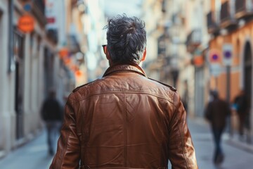 Fototapeta premium A person in a black leather jacket walks on a urban road, possibly going to or from work