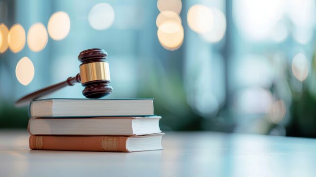 A stack of accounting books with a gavel resting on top, representing legal compliance, financial transparency, and accurate record keeping.