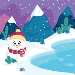 Snowman by snowy mountains and icy pond, Vector