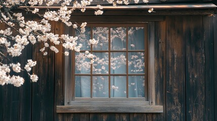 White window with mosquito net in a rustic wooden house with an outdoor view.
