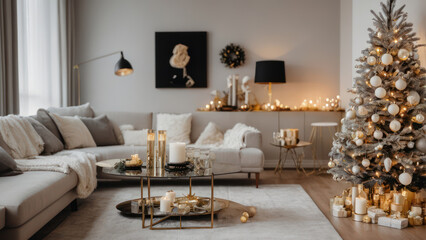 A minimalist Scandinavian-style living room with a simple Christmas tree adorned with white and silver ornaments. 