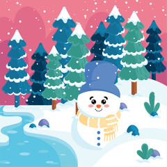Snowman by a river in snowy forest, Vector