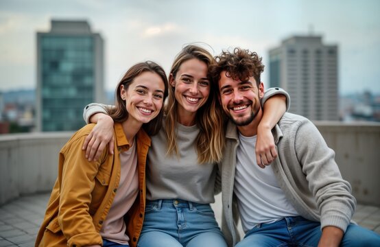 Three young adults sit outdoors on city rooftop terrace. Smiling, embracing. Casual clothes. Evening light. Urban cityscape background. Friends bond togetherness. Lifestyle photo. Enjoying time