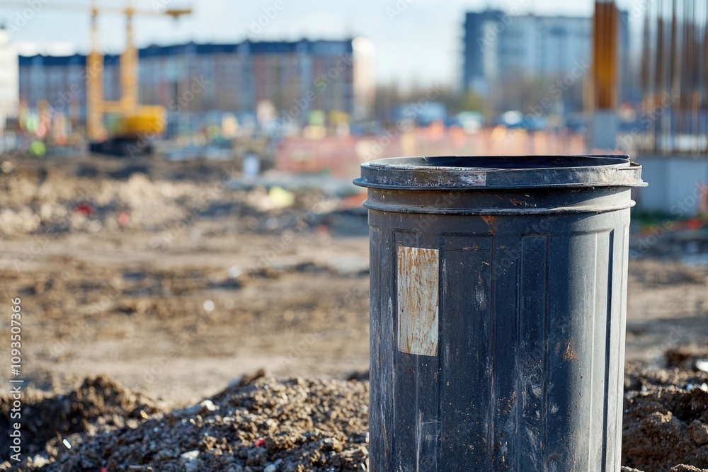 Poster a trash can sits atop a heap of earthy debris, ideal for use in scenes depicting environmental conce