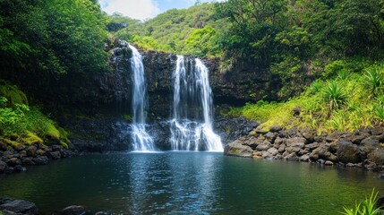 Naklejka premium Serene Waterfall in Lush Tropical Paradise