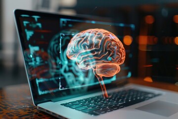 A laptop computer with a glowing brain on the screen, perfect for futuristic or sci-fi concept images