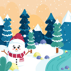 Snowman in winter forest with sunset, Vector
