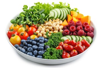 A colorful bowl filled with various fruits and vegetables, great for still life photography or as a healthy snack display