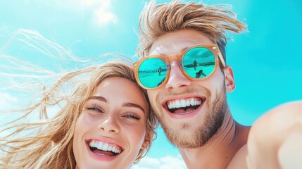 Obraz premium A couple taking a selfie with a famous landmark in the background, capturing their travel memories and the joy of experiencing different cultures.