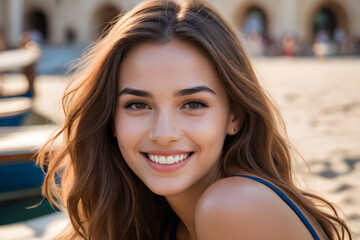 Beautiful smiling woman with long brown hair posing on beach