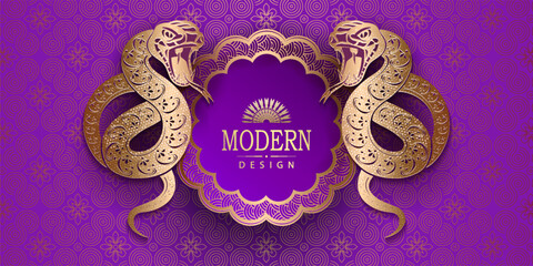 Happy Chinese New Year, purple card with round frame and isolated snakes.