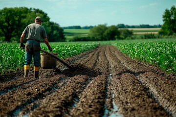 Dedicated farmer cultivates rich soil on a sunny day in vibrant fields. Generative AI
