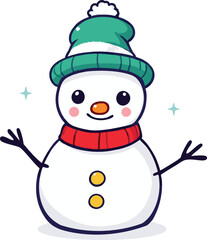 Snowman Vector Cartoon With Red Hat And Stripe Scarf and hat outline vector art illustration design on a white background