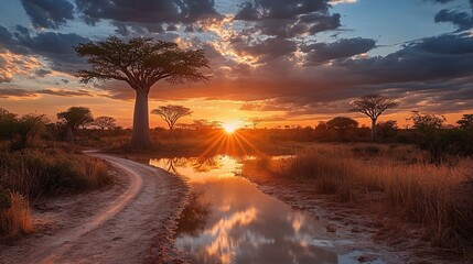 Fototapeta premium Sunset over African savanna with baobab trees and puddle reflecting the sky.
