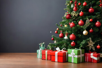 Christmas tree with colorful ornaments and presents on wooden floor