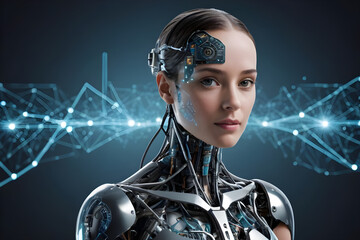 Humanoid robot woman showing artificial intelligence processing data