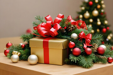 Golden christmas gift decorated with red ribbon near christmas tree