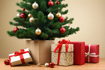Christmas tree decorated with red and gold baubles and wrapped gifts