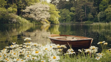 Obraz premium Serene Wooden Boat on Calm Lake Surrounded by Vibrant Flora, Reflection of Trees in Water, Peaceful Nature Scene in Springtime Sunshine