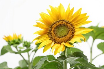 Obraz premium A bright yellow sunflower stands tall amidst lush green leaves in a natural field setting