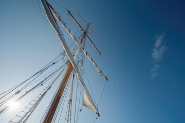 Obraz premium A sailing vessel's mast stands tall against a bright blue sky, ideal for use in water sports or outdoor recreation imagery
