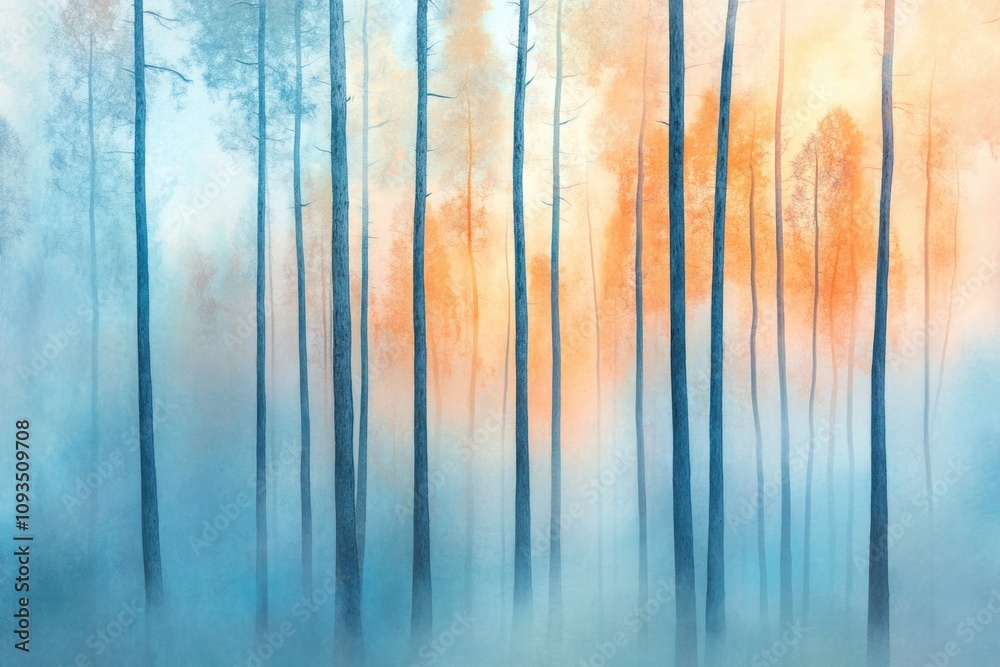 Poster a group of trees in a dense foggy forest, ideal for nature and landscape images