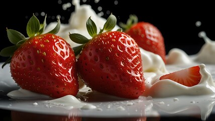 three strawberrieswhite milk explosion generative ai 