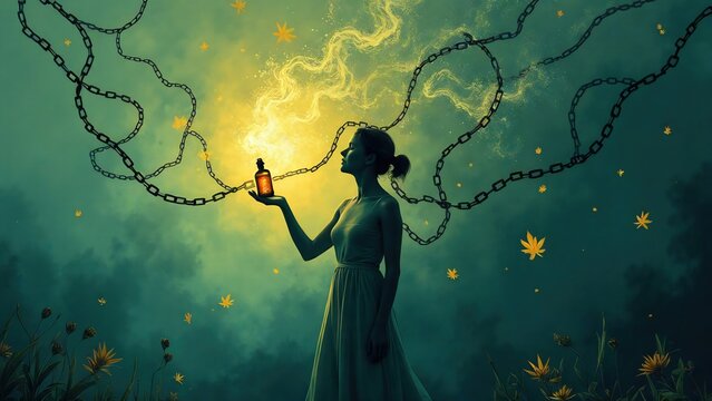 Mujer sostiene en sus manos un frasco con cannabis medicinal. Representa la farmacolog&iacute;a y nuevas puertas de terapia farmacol&oacute;gica. 