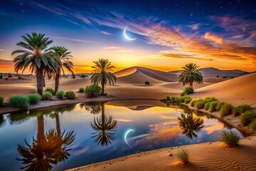 Obraz premium Serene Ramadan Landscape at Sunset with Crescent Moon Over Tranquil Desert Oasis, Symbolizing Peace and Reflection During the Holy Month of Ramadan Celebrations
