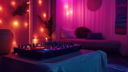 Cozy modern indoor dj setup with ambient lighting and tropical decor
