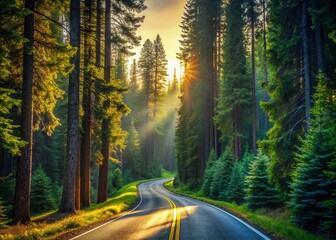 Obraz premium Serene Road Through a Tranquil Coniferous Forest: A Minimalist Perspective of Nature's Pathway Surrounded by Lush Green Trees and Soft Natural Light