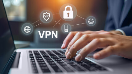  A person working on a laptop with VPN graphics, illustrating internet security and privacy solutions. Suitable for tech websites, cybersecurity marketing, and privacy advocacy, copy space, blank