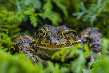 Obraz premium A close-up shot of a green frog sitting on grass, with natural surroundings