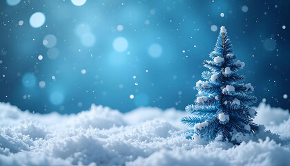 Snow-Covered Blue Christmas Tree with Gentle Snowfall Against on Blue Background with Bokeh Effect. Frosty Winter Scene