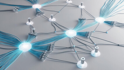 Fiber network visualization, holographic glow, intricate light details, dynamic connections, tech centric design create captivating scene of modern technology