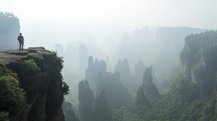 Environmental Loss: Hiker Gazing Dismally at Smog-Covered Mountain Range, Loss of Natural Beauty to Air Pollution