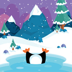 Obraz premium Penguin diving in icy pond under snowfall, Vector