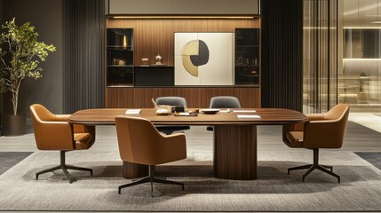 Modern conference room with large wooden table, leather chairs, and wall unit.