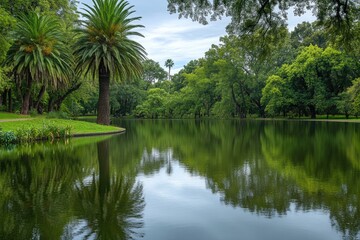 A serene lake scene with lush greenery and trees surrounding the water's edge