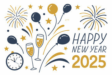 Festive Happy New Year Vector Design with Sparkling Decorations on White Background

