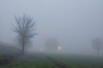 Fototapeta premium Fog enveloping bare trees and street lights in a park