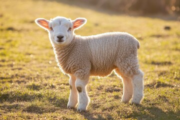 Obraz premium A small sheep standing in a lush green field, ready for its first steps