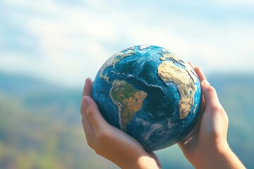 A person grasping the blue planet Earth, emphasizing environmental responsibility